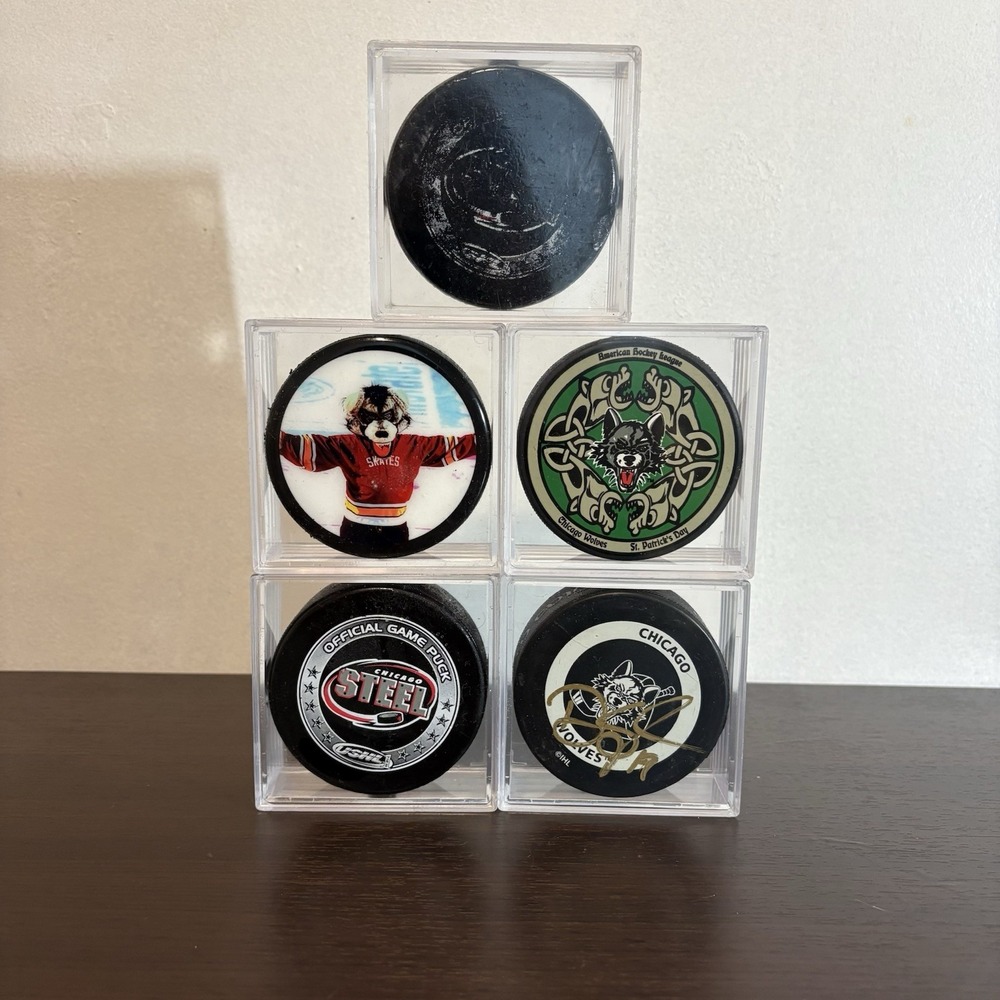 Chicago Wolves & Chicago Steel Hockey Puck Game Used - Signed Lot of 5 w/ Cases